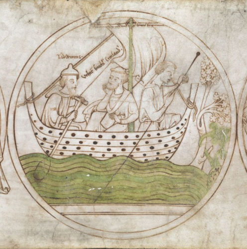 Guthlac sailing to Crowland with Tatwin. © British Library, Harley Roll, Y 6, roundel 4
