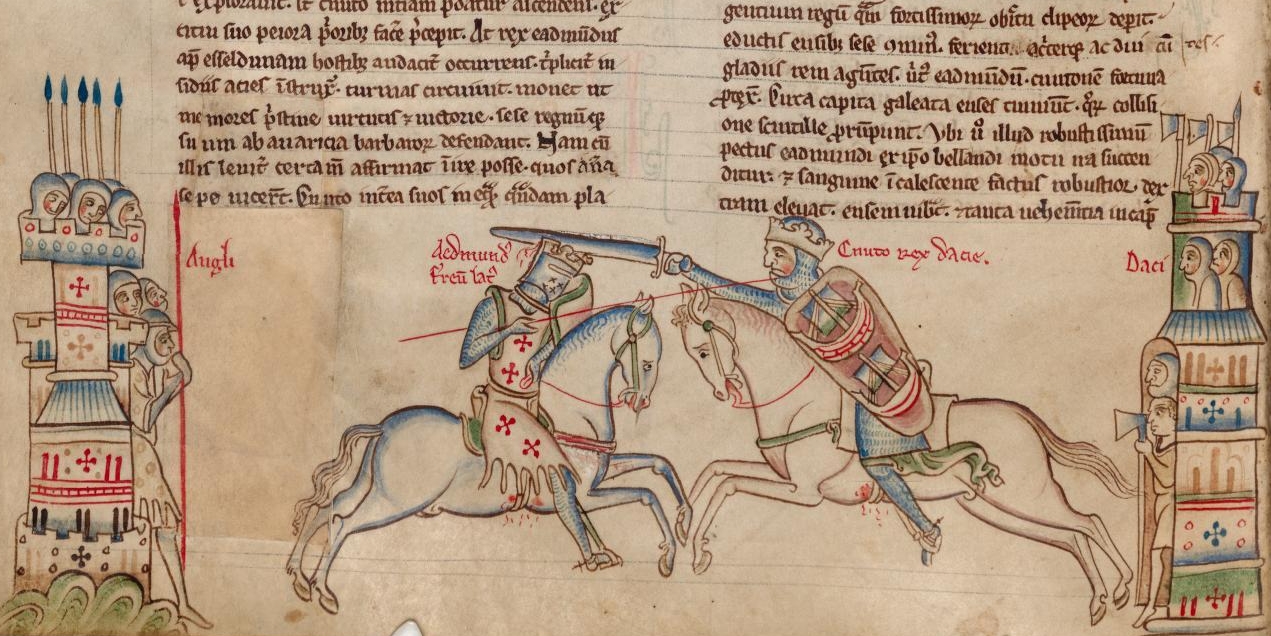 Edmund Ironside fights Canute the Dane drawn by Matthew Paris - Source Wikipedia