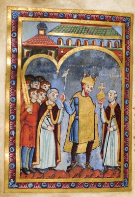 Evangeliary of Henry III -procession with the Emperor at Stavelot. © Bremen, Staats- und Universitätsbibiliothek, Ms.b.21, Echternacher Evangelistar Kaiser Heinrichs III
