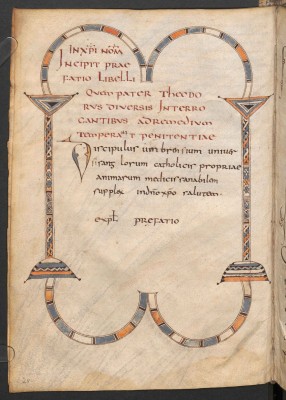 The Vienna manuscript, Lat. 2195, showing the decorative title and dedication of the Umbrense version of the Paenitentiale Theodori, fol 2v