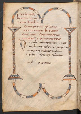 The Vienna manuscript, Lat. 2195, showing the decorative title and dedication of the Umbrense version of the Paenitentiale Theodori, fol 2v