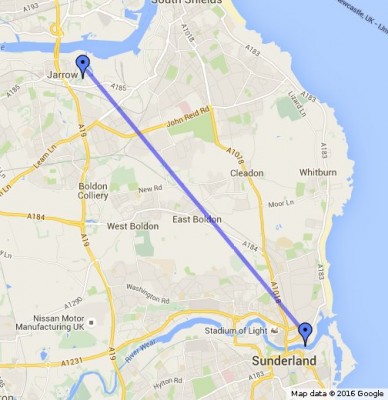 Google map with Jarrow, Wearmouth and Bede's world
