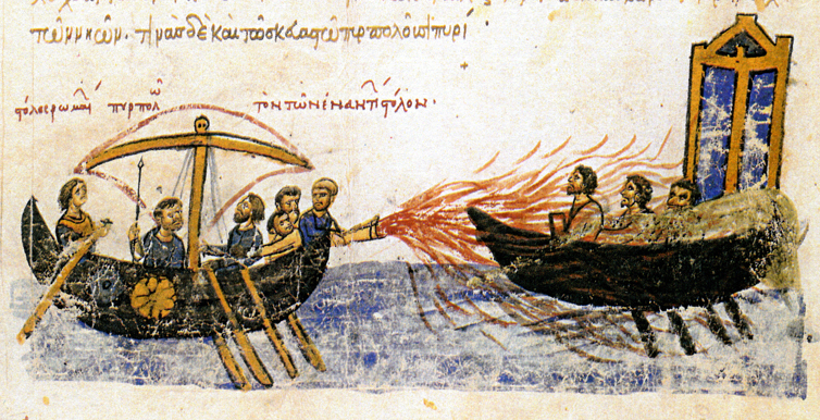 Byzantine ship attacking with Greek fire. Madrid Skylitzes manuscript, 11th century