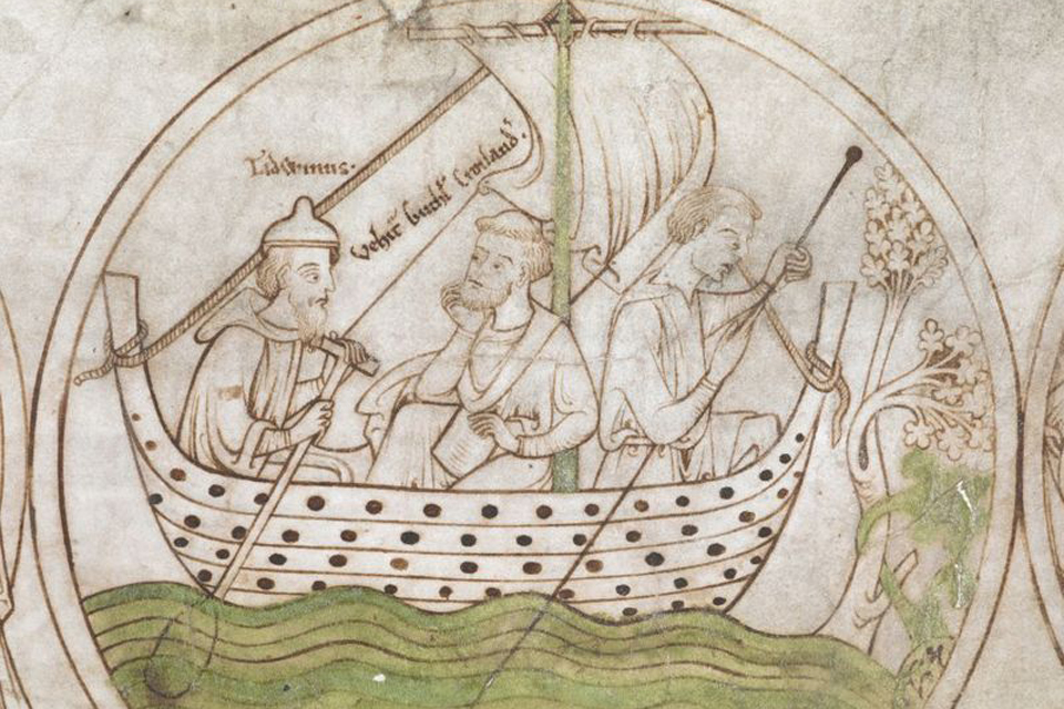Gutlac punting in the Fens (Guthlac sailing to Crowland with Tatwin. from: British Library, Harley Roll Y 6, oundel 4