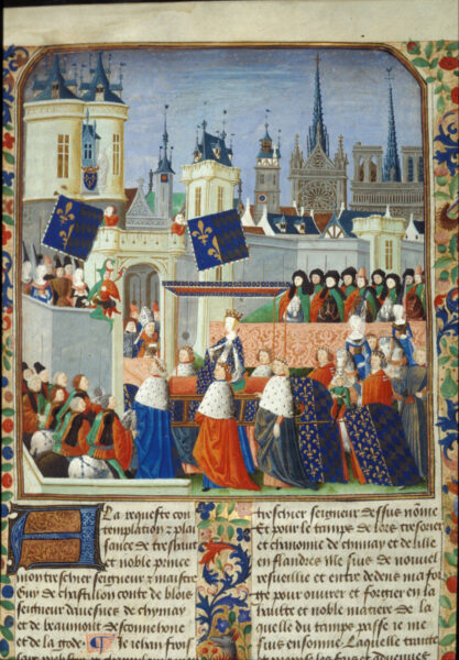 Paris in the 15th century. From the Harley Froissart, Harley 4379. The Entry of Isobel Fol 3 © British Library 