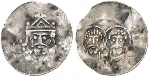 Denar, minted by Henry III. With the portraits of St. Simon and St. Jude, patron saints of the new college church in Goslar. Danneberg 668. Source: www.Koenker.de
