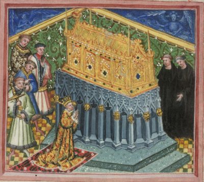 Henry VI visiting the shrine in Bury St Edmunds. Harley MS 2278 fol 4v © British Library