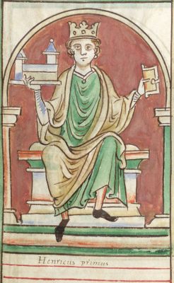 Miniature from illuminated Chronicle of Matthew Paris (1236-1259), from BL MS Cotton Claudius D. vi, f.9, showing Henry I of England enthroned. Source: Wikipedia