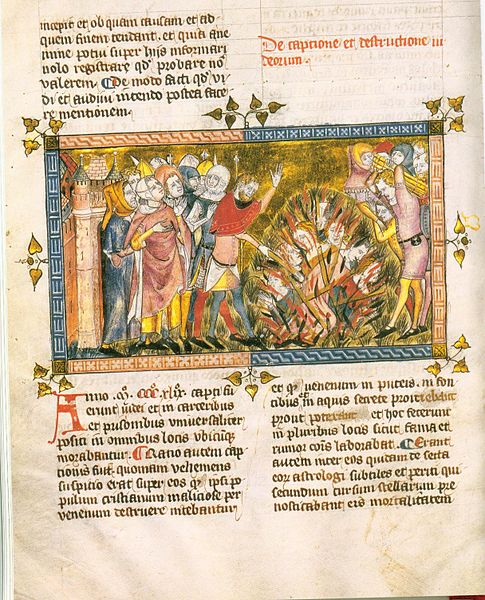 Jewish pogrom in the Chronicle of Gilles Li Muisis, fol. 12v Bibliothèque Royale de Belgique, Brüssel