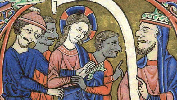 Jesus Brought Before Caiaphas -- from Salvin Hours c 1275, British Library