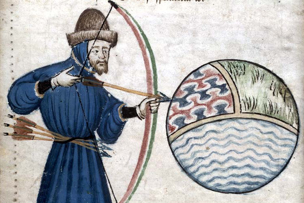 John Gower shooting the world, a sphere of earth, air, and water (from a manuscript of his works ca. 1400)