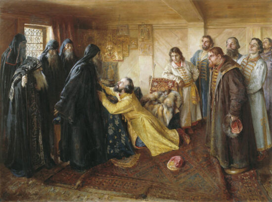 Ivan the Terrible's repentance: he asks the hegumen (father superior) Cornelius of the Pskovo-Pechorsky Monastery to let him take the tonsure at his monastery. Painting by Klavdy Lebedev. Source: wikipedia