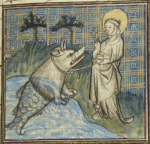 St Martha holding the beast. from: Legende Doree BNF, Francais 242, fol 154r