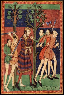 M736, Life, Passion and Miracles of St. Edmund, King and Martyr, f.12v: St. Edmund Captured by the Danes. England (Bury St. Edmund's), c.1130