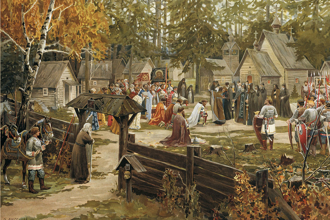 Sergius of Radonezh blessing Dmitri Donskoi before the Battle of Kulikovo depicted in a 1907 watercolor on paper by Ernst Lissner. Source: Wikipedia