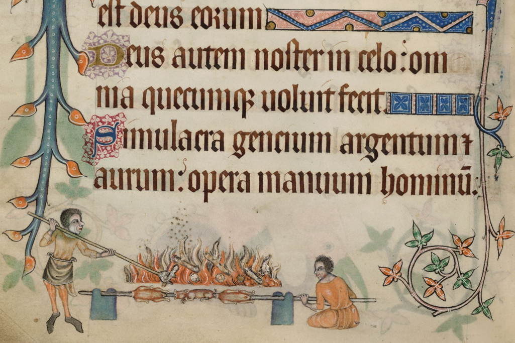 Luttrell Psalter Add MS 42130 roasting for the feast fol 206v british Library