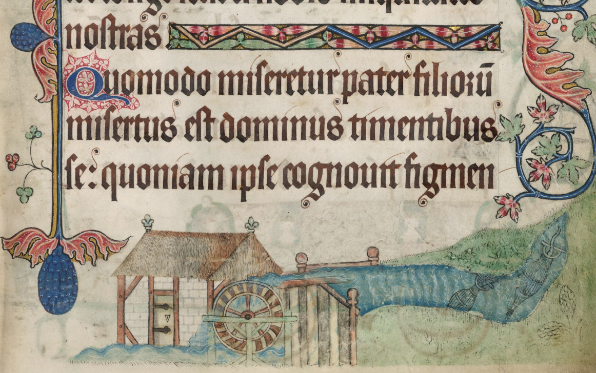 Luttrell Psalter watermill with fishing British Library Add MS 42130 fol 181r Web