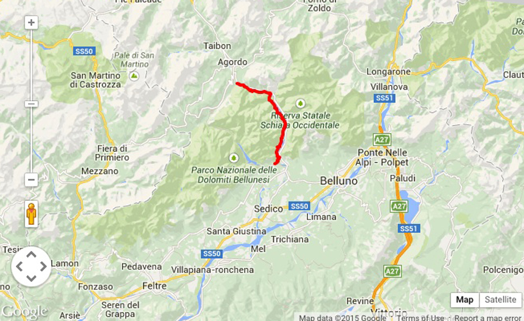 Map of route of Via degli Ospizi in the Dolomii Bellunesi-