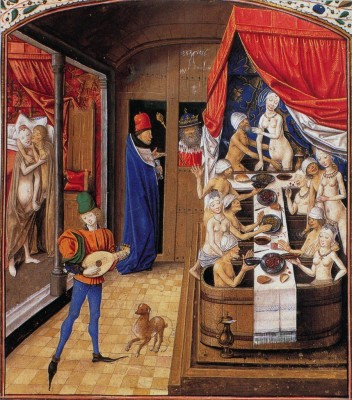 Luxuries: A Bathhouse in Valerius Maximus’ Facta et Dicta Memorabilia (fol. 244), c. 1470, tempera and gold leaf on parchment. Staatsbibliothek zu Berlin–Preussischer Kulturbesitz (Depot Breslau 2)