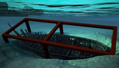 Model of the ijssel Cog and cage beneath the water