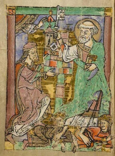 Peder Bodilsen presents a church to St Peter. KB: E don. var. 52 2º: the “Næstved Calendar”: 4v.