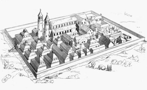 Drawing of the reconstructed monastery at Campus Galli based on the "Plan of St. Gall" © Campus Galli