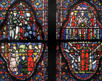 A barefooted Saint Louis carries the Crown of Thorns  to Paris and installs it at Sainte Chapelle