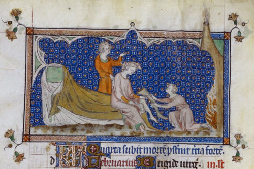 Chimney with a fire. Notice the smoke escaping through the small flue. From the Queen Mar Psalter c. 1310 © British Library, Royal MS 2B, fol 72v.