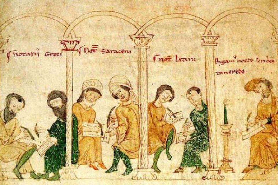 Scribes in the Kingdom of Sicily. From: Petrus de Ebulo: Liber ad honorem Augusti. The presentation copy, ordered by chancellor Conrad of Querfurt, is now MS. 120 II of the Berne Municipal Library.