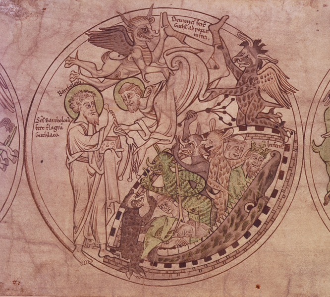 St Guthlac is presented with a whip by St Bartholomew as he is tormented by demons, illustration from The Guthlac Roll © BL