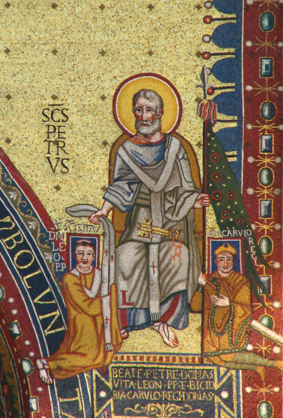 St. Peter legitimising Charlemagne and the Pope. Mosaic from the Lateran Palace and Cathedral. Source: Flickr Fr Lawrence Lew, O.P. CCBYSA2.0
