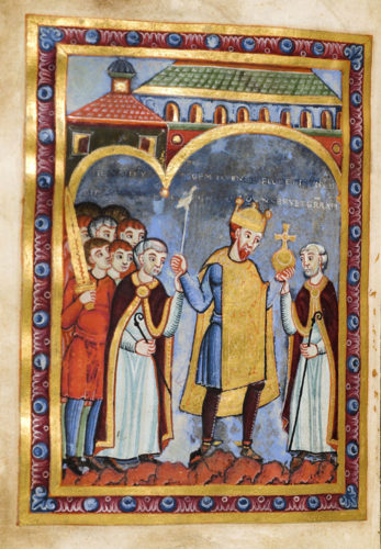 Henry III with Goslar in The Background. The Evangelistery of Henry III. Source: Wikipedia
