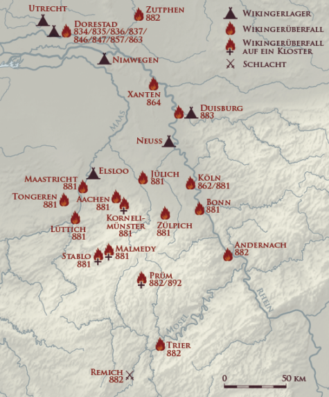 Map of Viking raids in the Rhine region. Source: Wikipedia