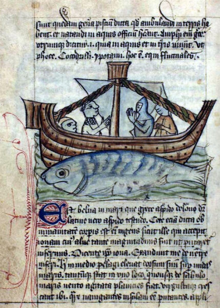 A kraken or Aspidochelone ca. 1400. In: The bestiary of Anne Walsh. From GKS 1633 4º: Bestiarius In the Royal Library in Copenhagen,. Source: Wikipedia