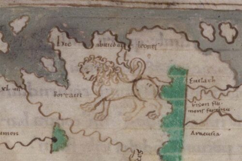 Hic abundant leones - here are many lions. Detail from medieval map from the 11th century. © British Library. BL Cotton MS Tiberius B V Fol 56v