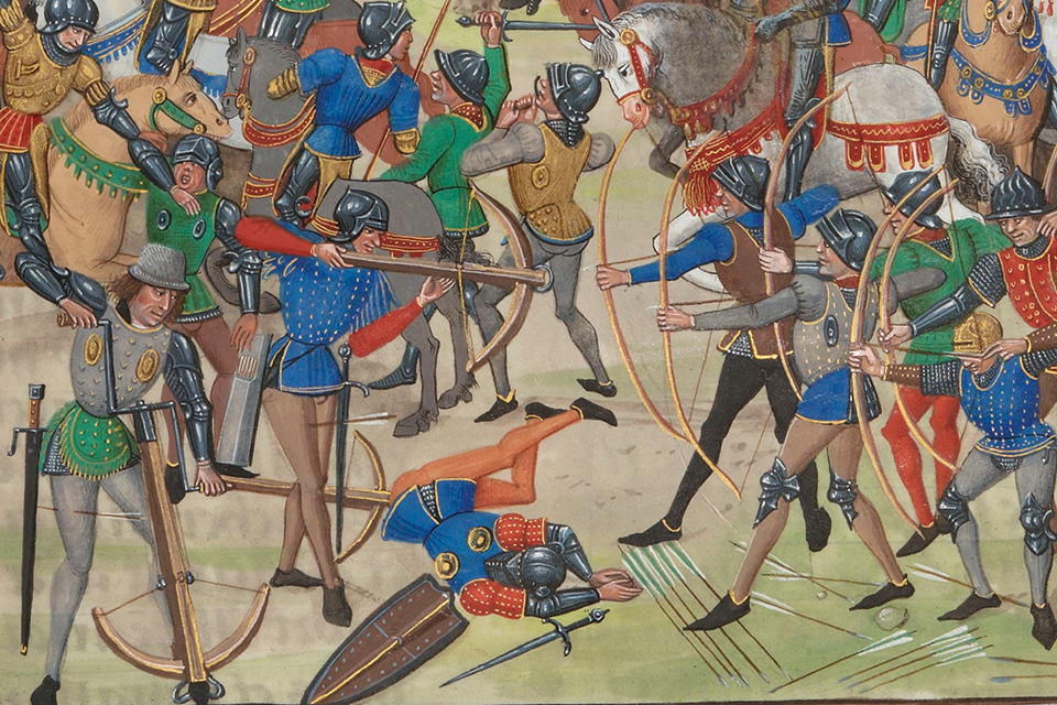 Detail from The Battl at Crécy. From: The Chrionicle of Froissart. BNRF. source: wikipedia OD