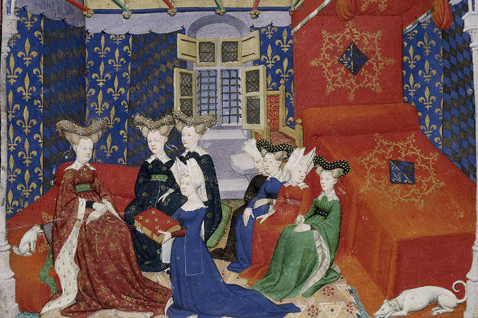 Christine de Pisan presenting her book to Queen Isabeu and her companions. Source: Wikipedia