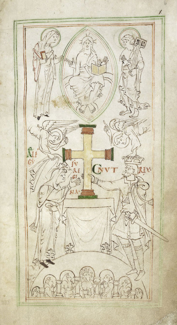 Cnut and Emma donates a cross to Winchester. Liber Vitae from 1031, Stowe Ms 944, folio 6, The British Library