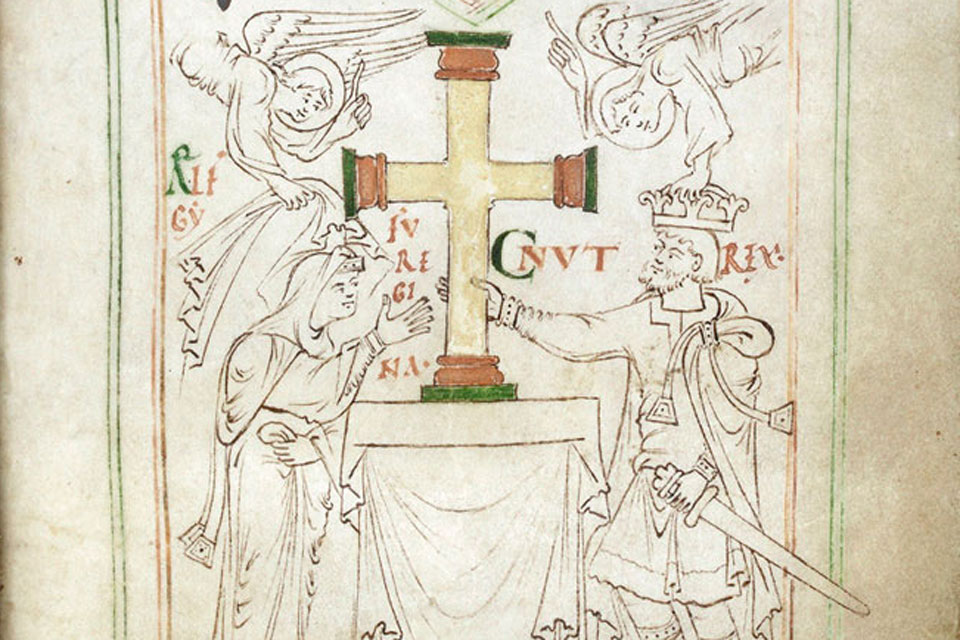 Cnut the great and Emma donating a crucifix to the New Minster in Winchester © British Library, Liber Vitae, MS Stowe 944