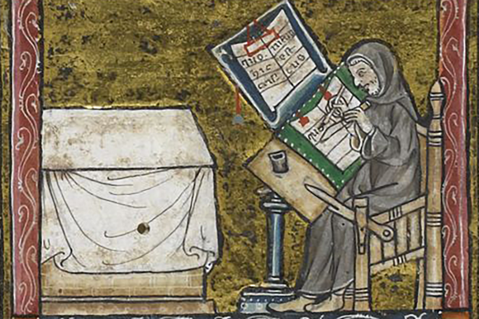 WEB Detail of a miniature of a hermit at work Estoire del Saint Graa France Royal MS 14 E III, f. 6v © Bristisk Library