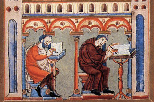 Scriptorium at Echternach. From: Book of Pericopes of Henry III. Bremen. Source: Web Art Galleries
