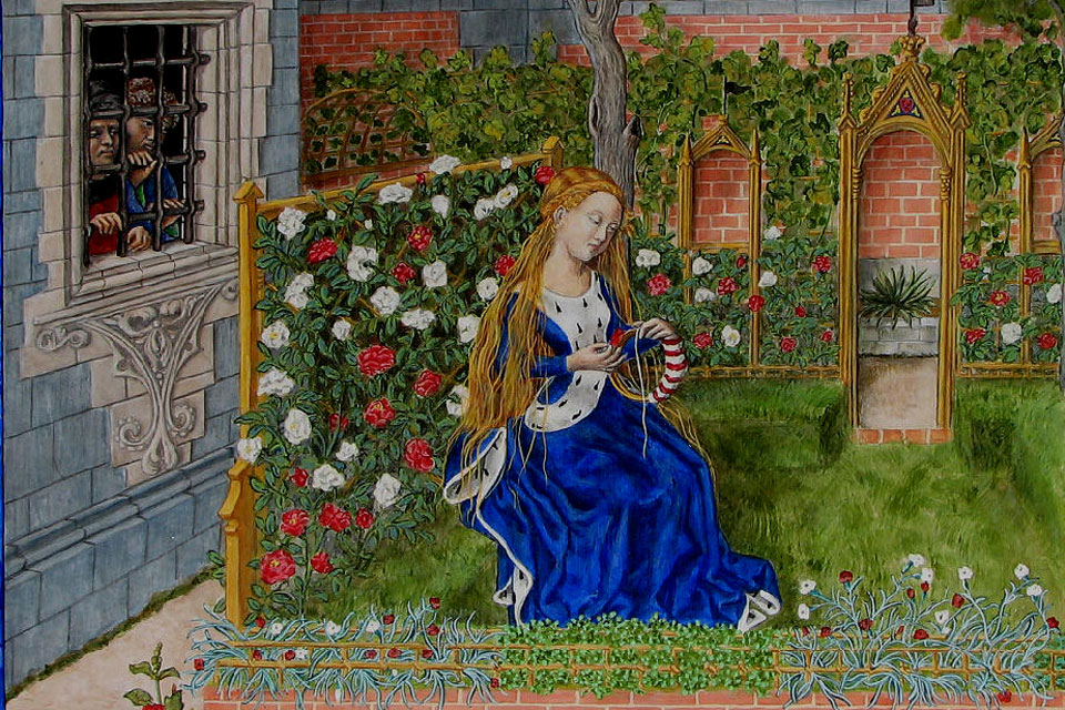 Emilia in her Garden. From the novella by Boccacio. Österreichise Nationalbibliothek. Source: Wikipedia