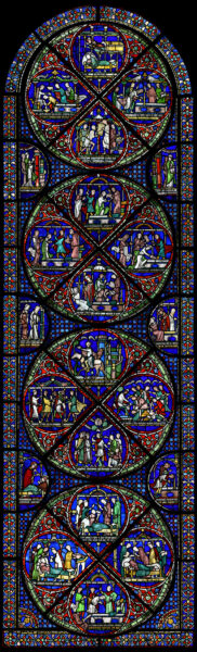 One of the six "Miracle Windows" in Canterbury Cathedral, early 1200s. © The Chapter, Canterbury Cathedral.