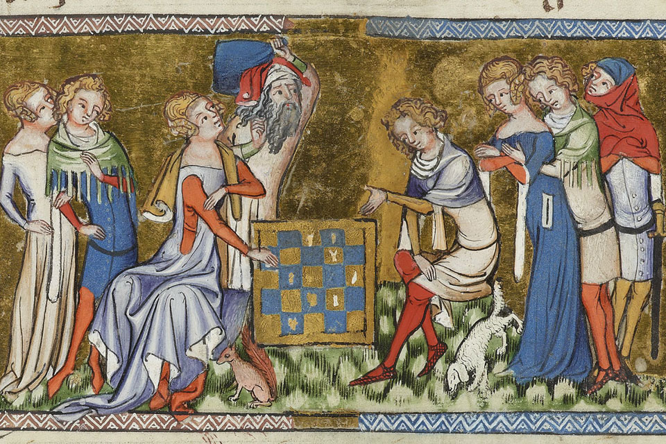 Fesonas and Cassiel the Baudrain Playing Chess. Jacques de Longuyon, Vows of the Peacock; Belgium, Tournai, ca. 1345-50. Pierpont Morgan Library, MS G.24, f. 25v (detail)