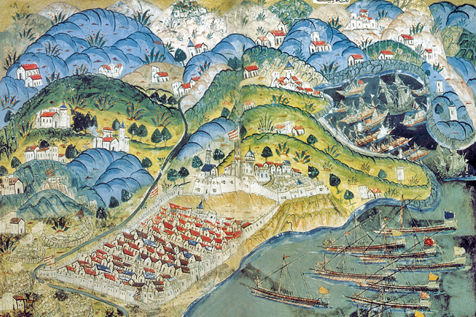 French fleet with Barbarossa at the siege of Nice. Author: Matrakci Nasu, 16th century. Source: Wikipedia