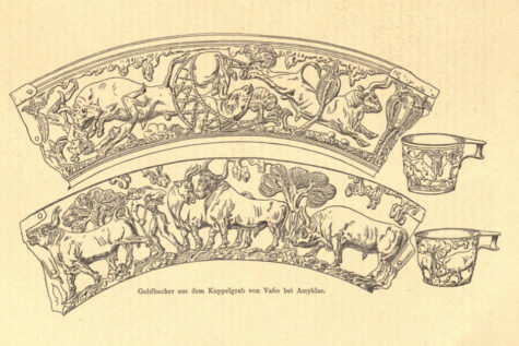 How to catch aurochs. Drawing from the golden cups from Vafio c. 600 BC From: Archaeologische Geseelschaft 1890. June, p. 104