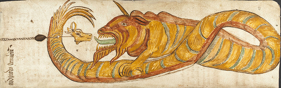 Jörmungandr gets fished by an ox head, from the 17th century Icelandic manuscript AM 738 4to. Wikipedia