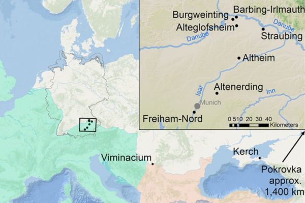 Map of southern Bavarian burial grounds from the Early Middle Ages with geographic indication of migration of females with elongated skulls. Source: Pinterest