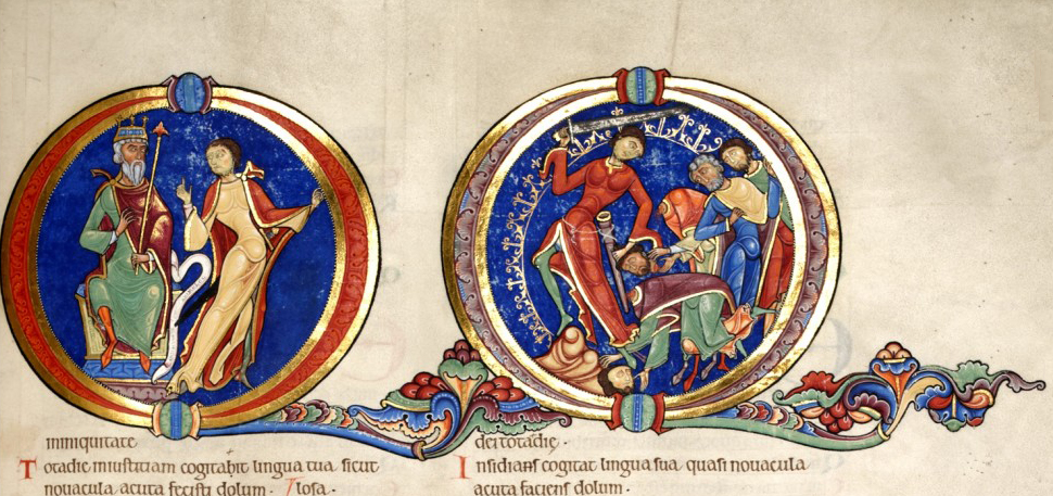 Psalm 52 showing Doeg being called by Saul to kill the priests. From: The Winchester Bible. Source. Wikipedia