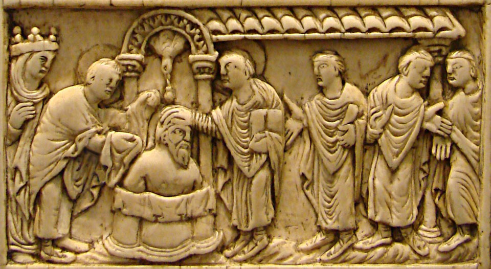 The baptism of Clovis. c. 850 CE Source: Wikipedia/Amiens, musée de Picardie